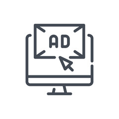 Online AD line icon. Computer with click arrow and advertisement page vector outline sign.