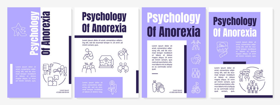 Anorexia risk factors purple brochure template. Behavior disorder. Booklet print design with linear icons. Vector layouts for presentation, annual report, ads. Anton-Regular, Lato-Regular fonts used