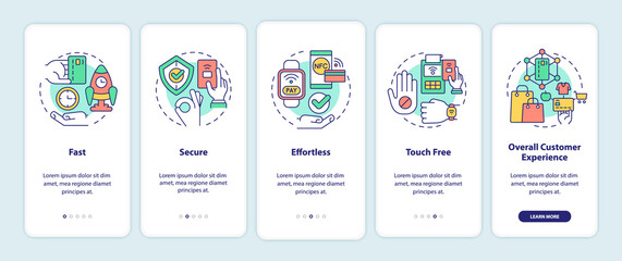 Benefits of contactless payments onboarding mobile app screen. Service walkthrough 5 steps graphic instructions pages with linear concepts. UI, UX, GUI template. Myriad Pro-Bold, Regular fonts used