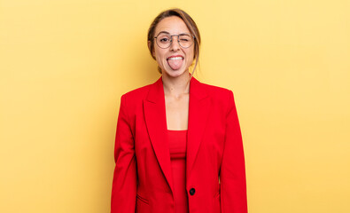 businesswoman with cheerful and rebellious attitude, joking and sticking tongue out