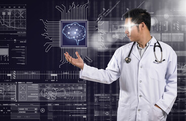 Asian Doctor with the stethoscope equipment hand holding the Artificial intelligence of brain...