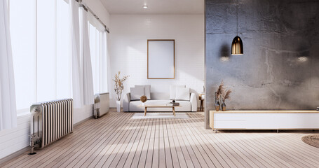 Tv cabinet in loft interior white brick wall room minimal designs, 3d rendering