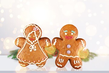 Stay home quarantine from Covid-19. Christmas gingerbread men with a masks