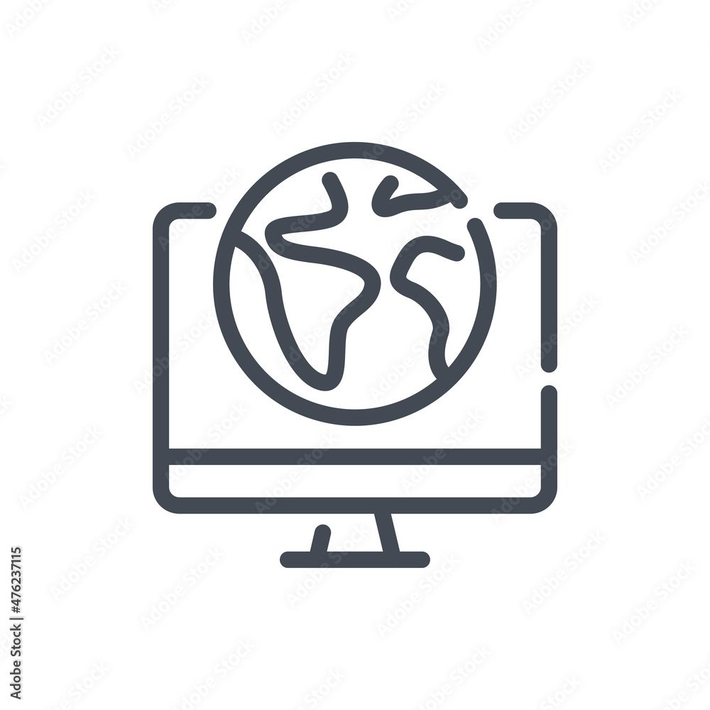 Poster internet connection line icon. computer with globe vector outline sign.