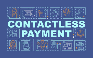 Naklejka premium Contactless payment word concepts blue banner. Infographics with linear icons on background. Isolated typography. Vector outline color illustration with text. Arial-Black font used