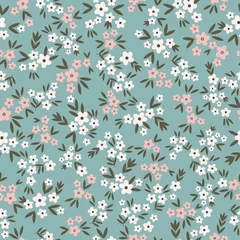 Raamstickers Kleine bloemen Vector naadloos patroon. Leuk patroon in kleine bloemen. Kleine witte en roze pastelkleurige bloemen. Lichtblauwe achtergrond. Ditsy bloemenachtergrond. Elegante sjabloon voor modeprints. Voorraad vector.