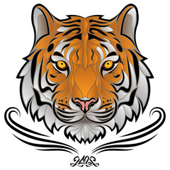 Head of the tiger symbol of 2022. Orange tiger muzzle in tattoo style. Stylized cute tiger face. Cartoon vector illustration.