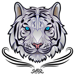 White Bengal tiger logo, symbol of 2022. Snow tiger muzzle with blue eyes in tattoo style. Stylized cute snowy tiger face glowing from within. Сartoon vector illustration.