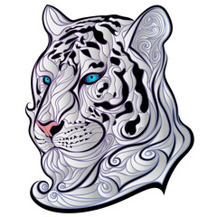 White Bengal tiger head with wavy hair. Snow tiger muzzle with blue eyes in tattoo style. Stylized calm snowy tiger face glowing from within. Сartoon vector illustration.