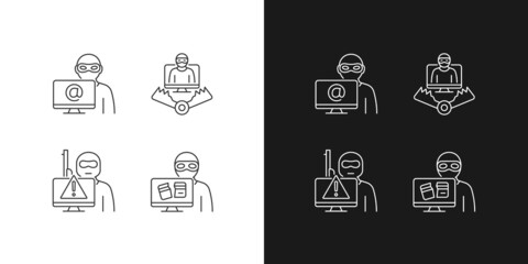 Cyber attacker linear icons set for dark and light mode. Cyberterrorism. Cybercriminal trap. Computer disruption. Customizable thin line symbols. Isolated vector outline illustrations. Editable stroke