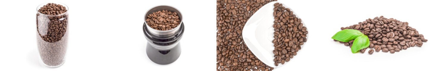 Group of pile of roasted coffee beans isolated on a white cutout