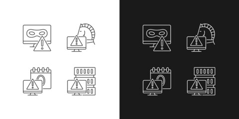 Computer system attacks linear icons set for dark and light mode. Trojan horse and rootkit. Computer disruption. Customizable thin line symbols. Isolated vector outline illustrations. Editable stroke