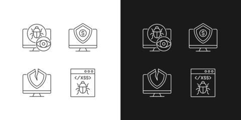 Computer vulnerability exploitation linear icons set for dark and light mode. Hacker attacks. Customizable thin line symbols. Isolated vector outline illustrations. Editable stroke