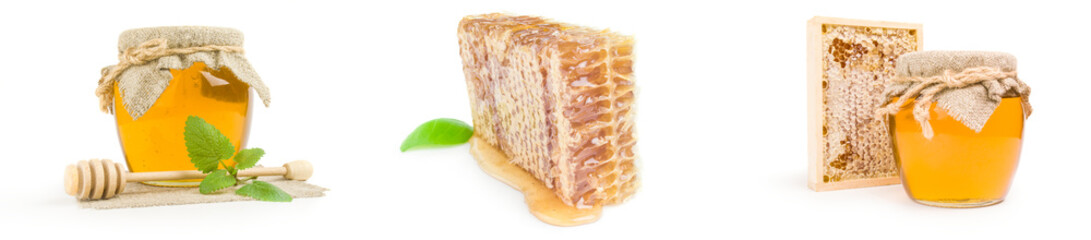 Collage of sweet honey isolated on a white background