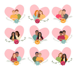 Different couple collection. Set of happy valentine day couple in love. Diversity concept