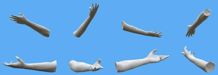 8 white stone statue hand renders isolated on blue, lights and shadows distribution example for artists or painters - 3d illustration of objects