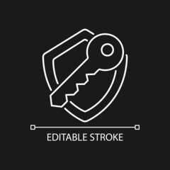 Encryption key white linear icon for dark theme. Data stealing prevention. Thin line customizable illustration. Isolated vector contour symbol for night mode. Editable stroke. Arial font used