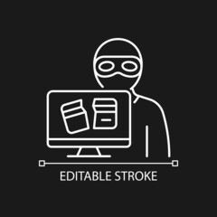 Criminally motivated attack white linear icon for dark theme. Cybercrime. Thin line customizable illustration. Isolated vector contour symbol for night mode. Editable stroke. Arial font used