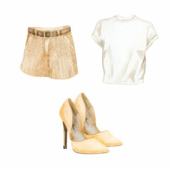 Watercolor illustration of women's clothing and shoes. Perfect for web, textile, printing design, souvenir products.
