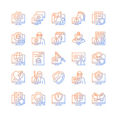 Hacker attack gradient linear vector icons set. Cybercrime. Computer system, network disruption. Isolated vector illustrations. Simple filled line drawings collection. Editable stroke