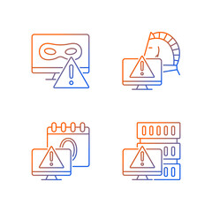 Computer system attacks gradient linear vector icons set. Trojan horse and rootkit. Computer network disruption.Thin line contour symbols bundle. Isolated outline illustrations collection