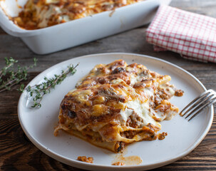 Plate with pasta casserole made  with cannelloni, bolognese sauce, bechamel sauce and mozzarella cheese