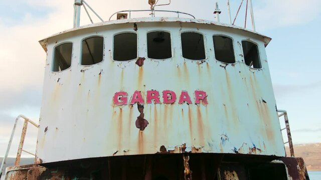 View of the shipwreck that sits on the shoreline , Gardar BA 64 oldest steel ship in Iceland 
