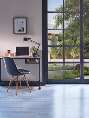 Modern rom with working table and armchair style, parquet floor, frame lamp decor, curtain, garden view house interior.