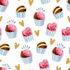 Valentine's day chocolate candies and strawberries seamless pattern