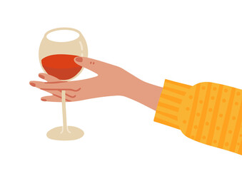 Female Hand Holding Glass Of Red Wine Burgundy. Woman's arm in knitted sweater. Vector flat hand drawn Illustration.