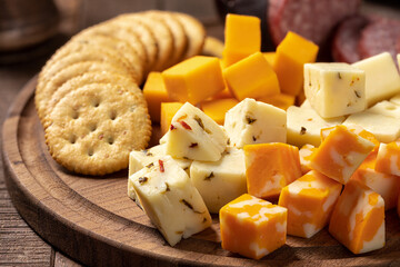 Cheese platter with sausage and crackers - 476239972