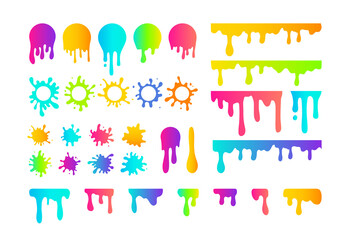 Vector paint dripping and blob set. Vibrant colors gradient liquid splash, round ink splatter, dripping paints collection. Paint flows circle stickers, abstract stains badges and drops design element