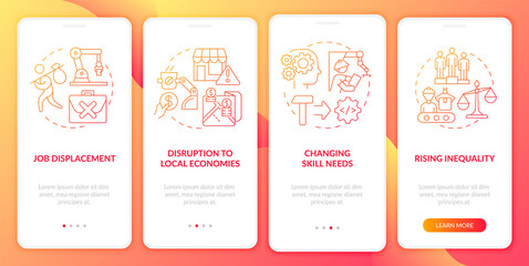 Naklejka premium Negative automation impact red gradient onboarding mobile app screen. Walkthrough 4 steps graphic instructions pages with linear concepts. UI, UX, GUI template. Myriad Pro-Bold, Regular fonts used