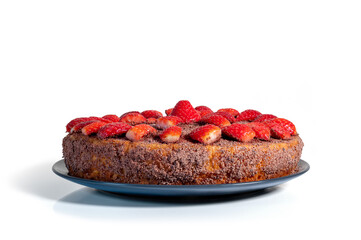 Delicious homemade cake with fresh strawberries isolated from the background