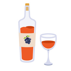 Bottle of red wine and wineglass vector flat icons. Transparent glass bottle of wine cartoon illustration.