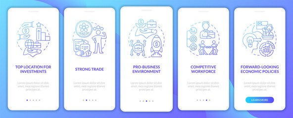 Naklejka premium Doing business in Singapore blue gradient onboarding mobile app screen. Walkthrough 5 steps graphic instructions pages with linear concepts. UI, UX, GUI template. Myriad Pro-Bold, Regular fonts used
