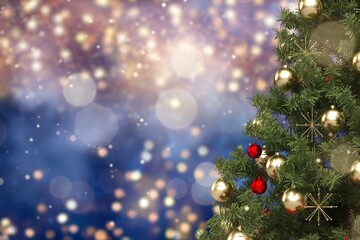 Fototapeta na wymiar Vintage Christmas Tree With Retro Ornament And Golden Shiny Glitter