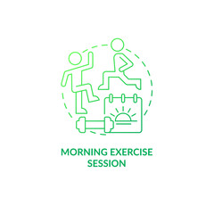Morning exercise session green gradient concept icon. Positive day beginning abstract idea thin line illustration. Isolated outline drawing. Roboto-Medium, Myriad Pro-Bold fonts used