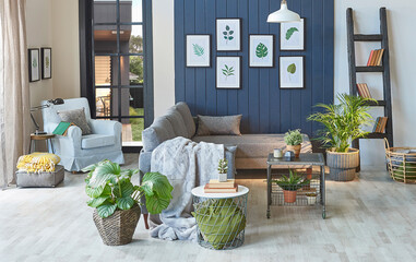 Modern grey sofa in the blue room with leaf frame, blanket , middle table, lamp, armchair, garden view.