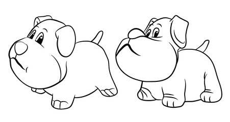 In the animal world. Vector image of dogs. Black and white drawing, coloring.