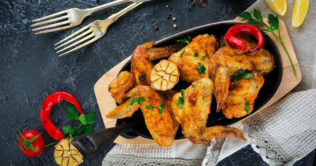Grilled chicken wings on a cast iron pan on a black oval stone background. Top view. Selective focus.