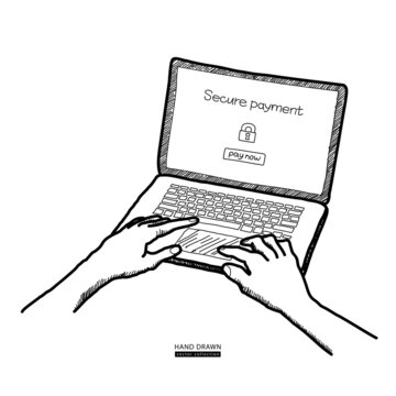 Online banking on computer. Secure payment text on screen. Hands on keyboard. Transfer money from transaction account concept. Hand drawn vector sketch. Black outline on white background