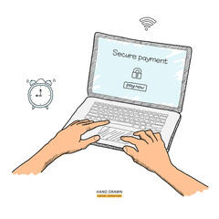 Online banking on computer. Secure payment text on screen. Hands on keyboard. Transfer money from transaction account concept. Hand drawn colored vector sketch. Clock alarm, little time