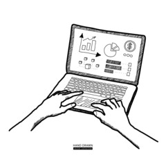 Human hands typing on keyboard. Work at home, remote work, freelance online job concept. Working on laptop vector sketch hand drawn illustration. Web banner or poster design elements