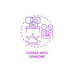 Cuddle with someone purple gradient concept icon. Start day with love. Positive morning abstract idea thin line illustration. Isolated outline drawing. Roboto-Medium, Myriad Pro-Bold fonts used