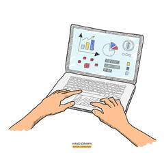 Human hands typing on keyboard. Work at home, remote work, freelance online job concept. Working on laptop vector sketch hand drawn illustration. Web banner or poster design elements. Isolated