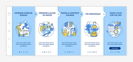 Daily morning routine blue and white onboarding template. Habits of wellness. Responsive mobile website with linear concept icons. Web page walkthrough 5 step screens. Lato-Bold, Regular fonts used