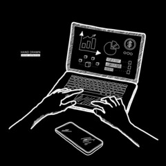 Human hands typing on keyboard. Working on laptop vector sketch hand drawn illustration. Digital technology concept. White line art on black background