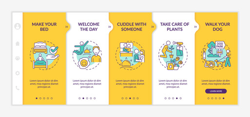 Everyday routine tips yellow onboarding template. Leisure and lifestyle. Responsive mobile website with linear concept icons. Web page walkthrough 5 step screens. Lato-Bold, Regular fonts used
