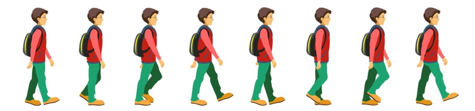 College boy walk cycle animation,  2d character animation, motion graphics 